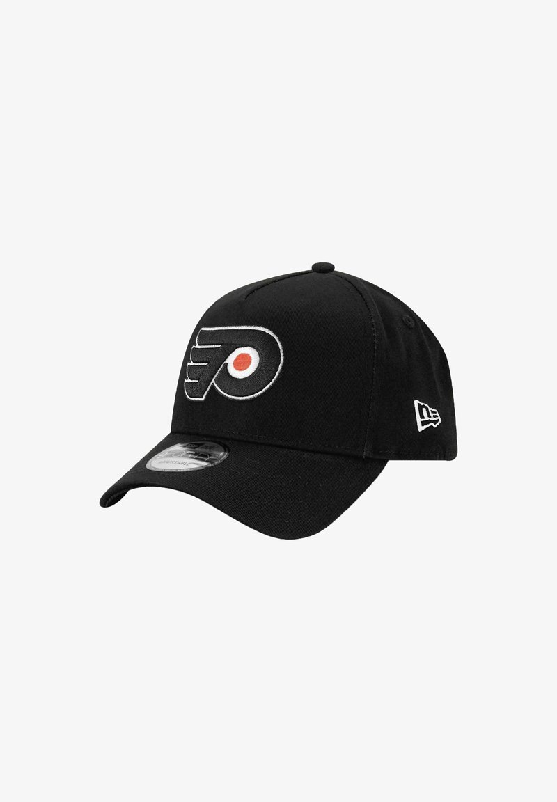 Black baseball cap made of cotton with an adjustable strap, featuring an embroidered Philadelphia Flyers logo in white and orange.