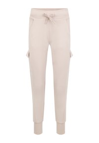 Licht beige joggers met een elastische tailleband, trekkoordsluiting, zijzakken en ribgebreide boorden. Gladde stof met een casual ontwerp.