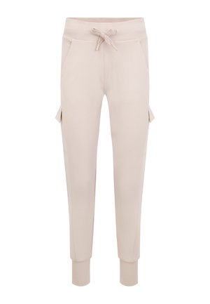Licht beige joggers met een elastische tailleband, trekkoordsluiting, zijzakken en ribgebreide boorden. Gladde stof met een casual ontwerp.
