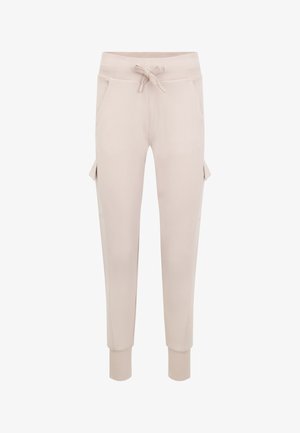 Licht beige joggers met een elastische tailleband, trekkoordsluiting, zijzakken en ribgebreide boorden. Gladde stof met een casual ontwerp.