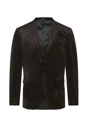 Brūns samta bleizeris ar satīna atloku, ar vienu pogu, divām priekšējām kabatām un gludu, gludu iekšējo odere.