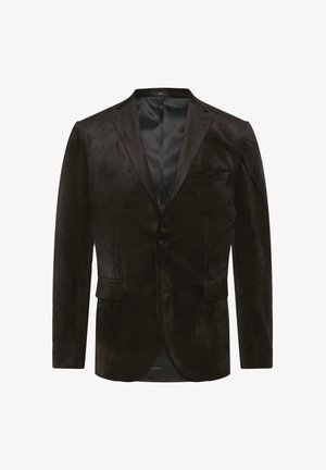Blazer in velluto marrone con rever in satin, chiusura a un bottone, due tasche frontali e una fodera interna liscia e elegante.