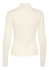 Maglione a maniche lunghe, a coste, con colletto alto in bianco sporco. La parte posteriore presenta un design aderente con una trama liscia. Senza decorazioni.