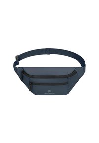 Marsupio blu navy con cinturino regolabile, due tasche con cerniera e logo "pactastic" sul fronte.