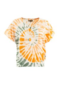 Haut à manches courtes en tie-dye avec un col en V, présentant des motifs en spirale orange et vert sur un fond blanc, fabriqué en coton doux.