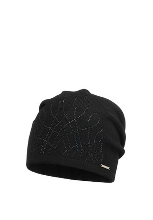 Black knitted beanie featuring decorative metallic accents in a swirling pattern, with a subtle texture and a small branded tag on the side.