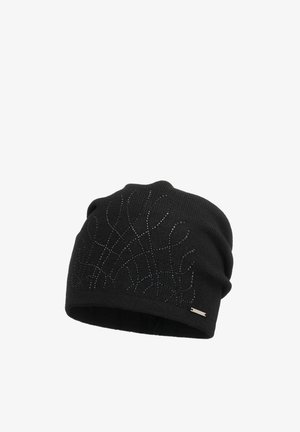 Bonnet en tricot noir avec des accents métalliques décoratifs en motif tourbillonnant, affichant une texture subtile et une petite étiquette de marque sur le côté.