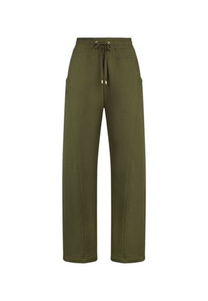 Pantaloni ampi color verde oliva realizzati in morbido misto cotone, con vita elasticizzata e cordoncino, oltre a tasche laterali.