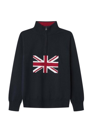 Navy sweater med lynlås, der har et strikket britisk flag design på fronten, rød inderside af kraven og ribstrikkede manchetter og kant. Blød stoftekstur.