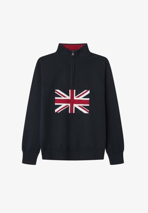 Sweter zapinany na zamek w kolorze granatowym z dzianinowym wzorem flagi UK na przodzie, czerwonym wnętrzem kołnierza oraz ściągaczami przy mankietach i dolnej krawędzi. Miękka tekstura materiału.