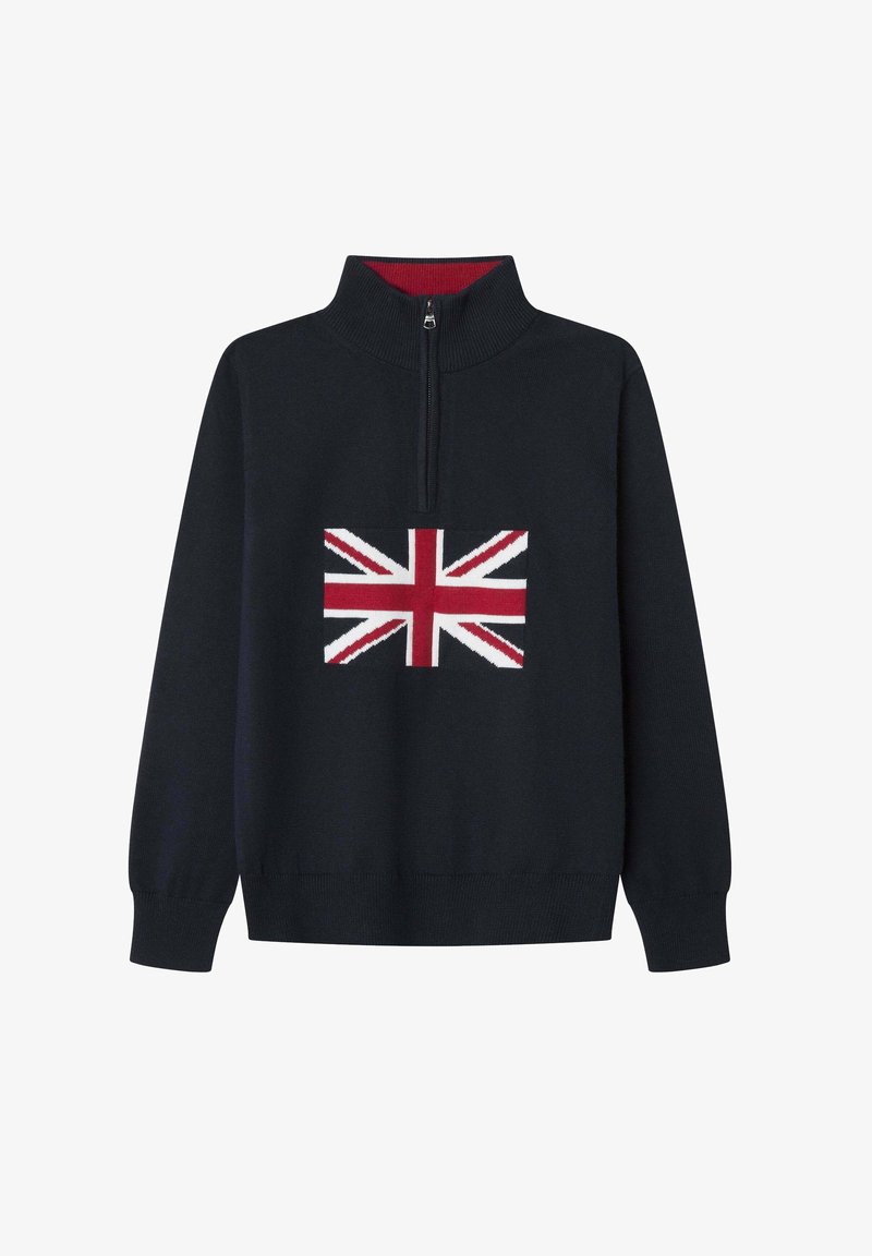 Svetřík s zipem v námořnické modři, na přední straně s pleteným designem britské vlajky, červeným vnitřním límcem a žebrovanými manžetami a spodním lemem. Měkká textilie.