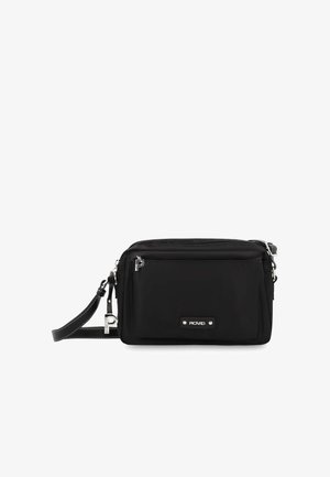 Black rectangular crossbody bag with front zip pocket, silver zipper pulls, and adjustable strap with white stitching.