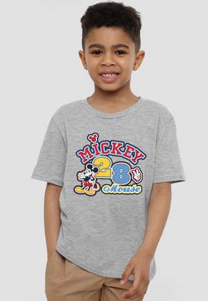 Graues Baumwoll-T-Shirt mit "Mickey 28 Mouse" Grafik, die kräftige Farben zeigt: Rot, Blau, Gelb, sowie eine Charakterillustration. Kurze Ärmel, lockerer Schnitt.