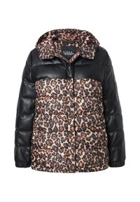 Giubbotto imbottito in pelle nera con stampa leopardata e cappuccio; presenta un design trapuntato, chiusura a bottoni e polsini a costine.