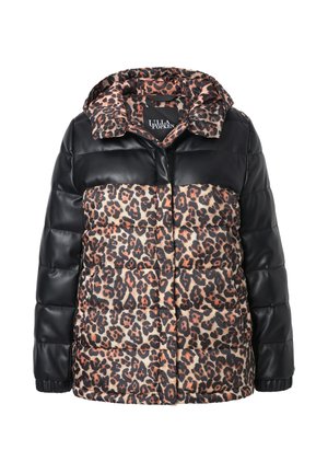 Black leather and leopard print puffer jacket with a hood; features a quilted design, button front, and ribbed cuffs.