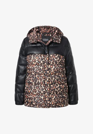 Schwarze Lederjacke mit Leopardenmuster und Kapuze; verfügt über ein steppdesign, Knopfverschluss und gerippte Bündchen.