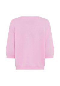 Pull rose tricoté à coupe décontractée, avec manches trois-quarts et encolure ronde. Texture lisse et design minimaliste.