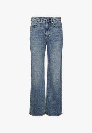 Vaaleansiniset leveälahkeiset farkut, jotka on valmistettu kulutuksesta vaalennetusta denimestä. Farkuissa on viisi taskua, etupainike ja tukevat ompelutiedot.