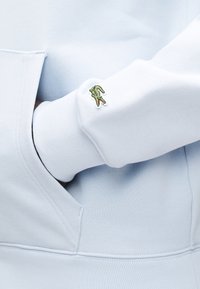 Ανοιχτό μπλε φούτερ με ριμπ μανσέτα, που διαθέτει μικρή κεντημένη πράσινη κροκόδειλο στο μανίκι. Ομαλή υφή, άνετη εφαρμογή.