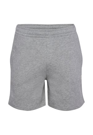 Grijze sportieve shorts gemaakt van zachte stof, met een rekbare tailleband, een eenvoudig ontwerp en zonder zichtbare patronen of bevestigingsmiddelen.