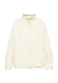 Light beige bomber jacket with a ribbed collar, zipless front, and side pockets; made from smooth fabric with a slightly textured interior.