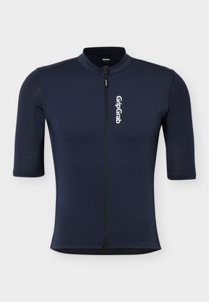 Tricou de ciclism cu mânecă scurtă de culoare bleumarin, cu fermoar frontal și logo vertical alb "GripGrab" pe pieptul stâng.