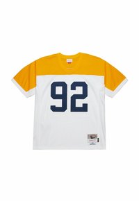 Kurze Sportjersey in Weiß und Gelb mit der Nummer 92 in Marineblau auf der Vorderseite und einem kleinen Etikett am unteren Saum.