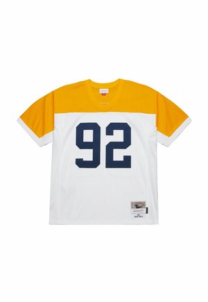 Kurze Sportjersey in Weiß und Gelb mit der Nummer 92 in Marineblau auf der Vorderseite und einem kleinen Etikett am unteren Saum.
