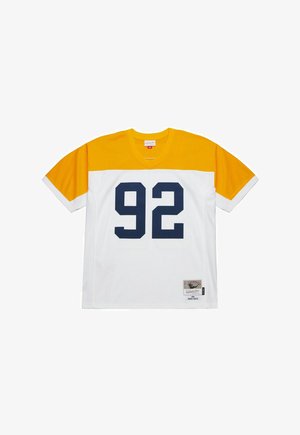 Short-sleeve sports jersey in white and yellow with the number 92 in navy on the front and a small label at the bottom hem.