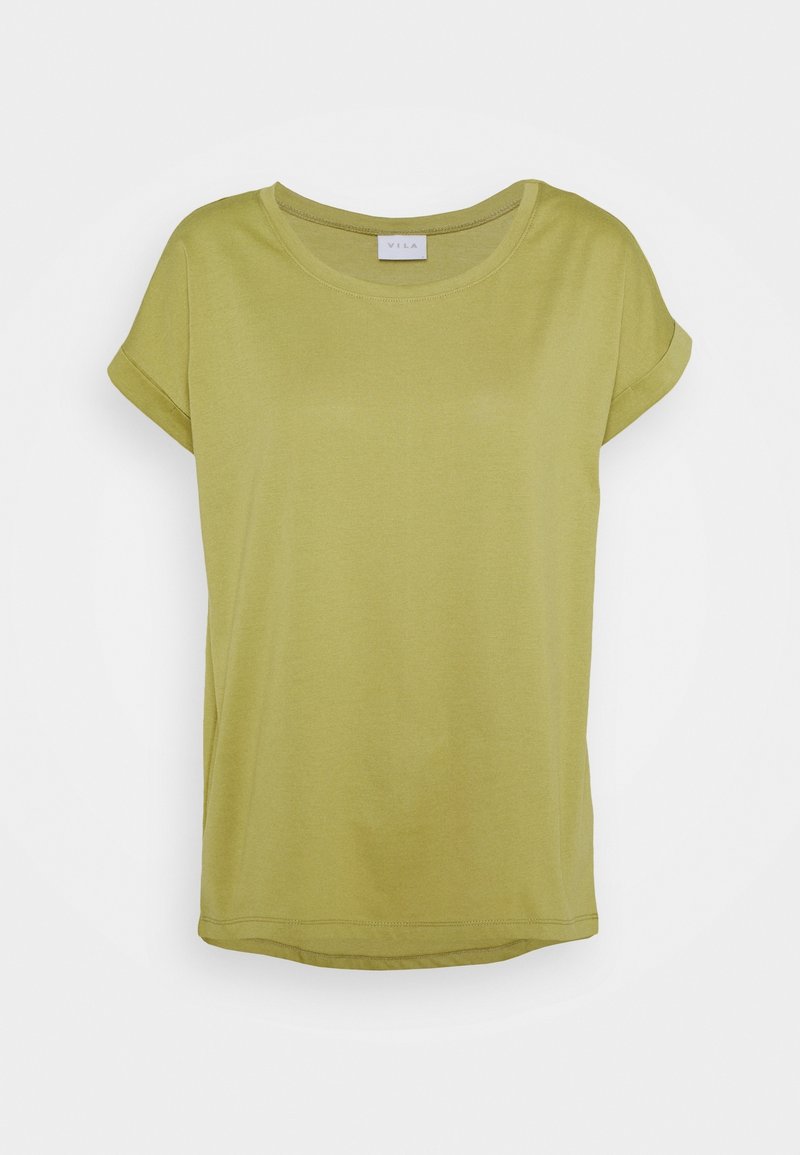 T-shirt vert olive à manches courtes avec col rond et ourlets roulés, en tissu doux, présenté sur fond blanc.