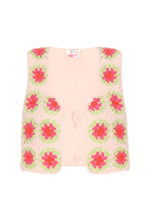 Hæklet vest med en let, blush-base; har livlige, blomsterdesigns i pink og grøn garn; åben foran design, ingen lukninger.