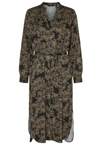 Vestito nero floreale con maniche lunghe, chiusura a bottoni frontale, scollatura a V, vita con cintura e fessure laterali. Presenta un motivo floreale testurizzato in crema e rosa.