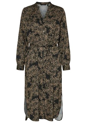 Robe florale noire à manches longues, fermée par des boutons sur le devant, avec un décolleté en V, une taille ceinturée et des fentes latérales. Présente un motif floral texturé en crème et rose.