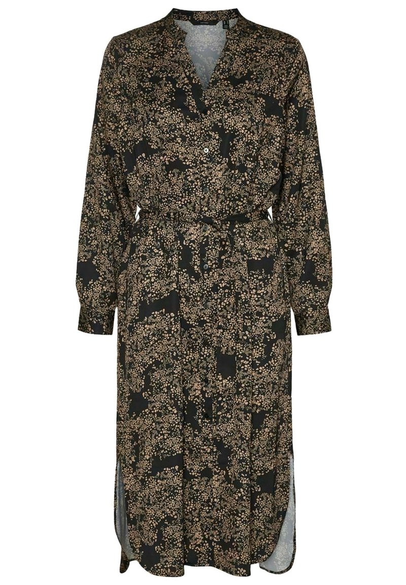 Vestito nero floreale con maniche lunghe, chiusura a bottoni frontale, scollatura a V, vita con cintura e fessure laterali. Presenta un motivo floreale testurizzato in crema e rosa.