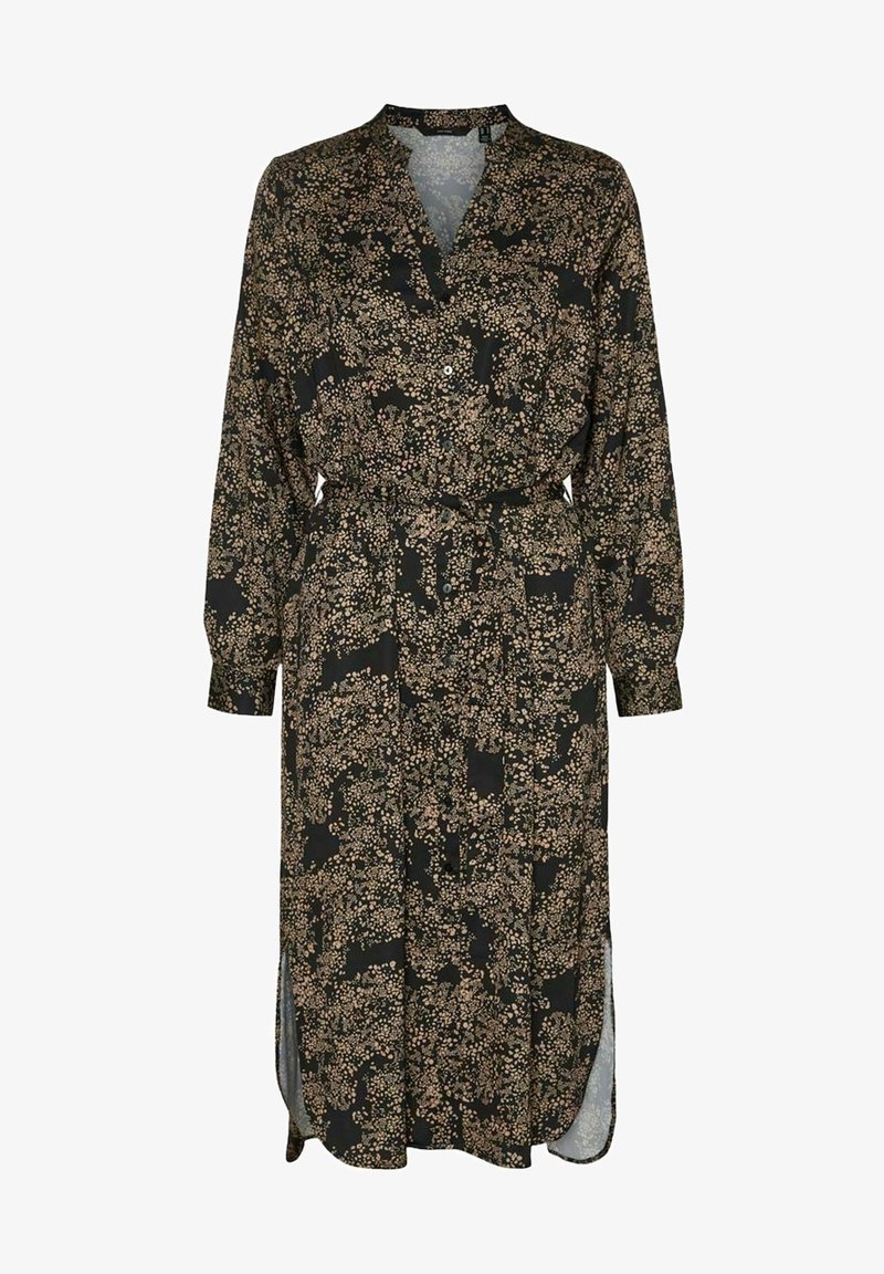 Vestito nero floreale con maniche lunghe, chiusura a bottoni frontale, scollatura a V, vita con cintura e fessure laterali. Presenta un motivo floreale testurizzato in crema e rosa.