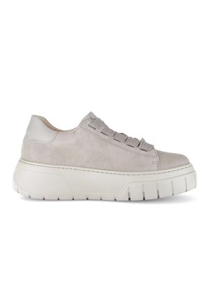 Light grey suede low-top sneaker with thick white rubber sole and wide textured laces, side view on white background.