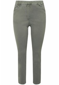 Olivově zelené slim-fit kalhoty s elastickým pasem, které mají dvě přední kapsy a hladkou texturu bez viditelných švů.
