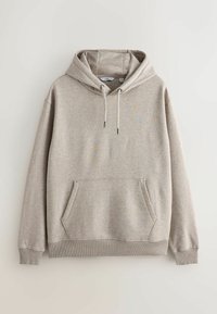 Beige hoodie lavet af blødt materiale, med en forlommer, justerbar snorehætte og ribbede manchetter og kant.