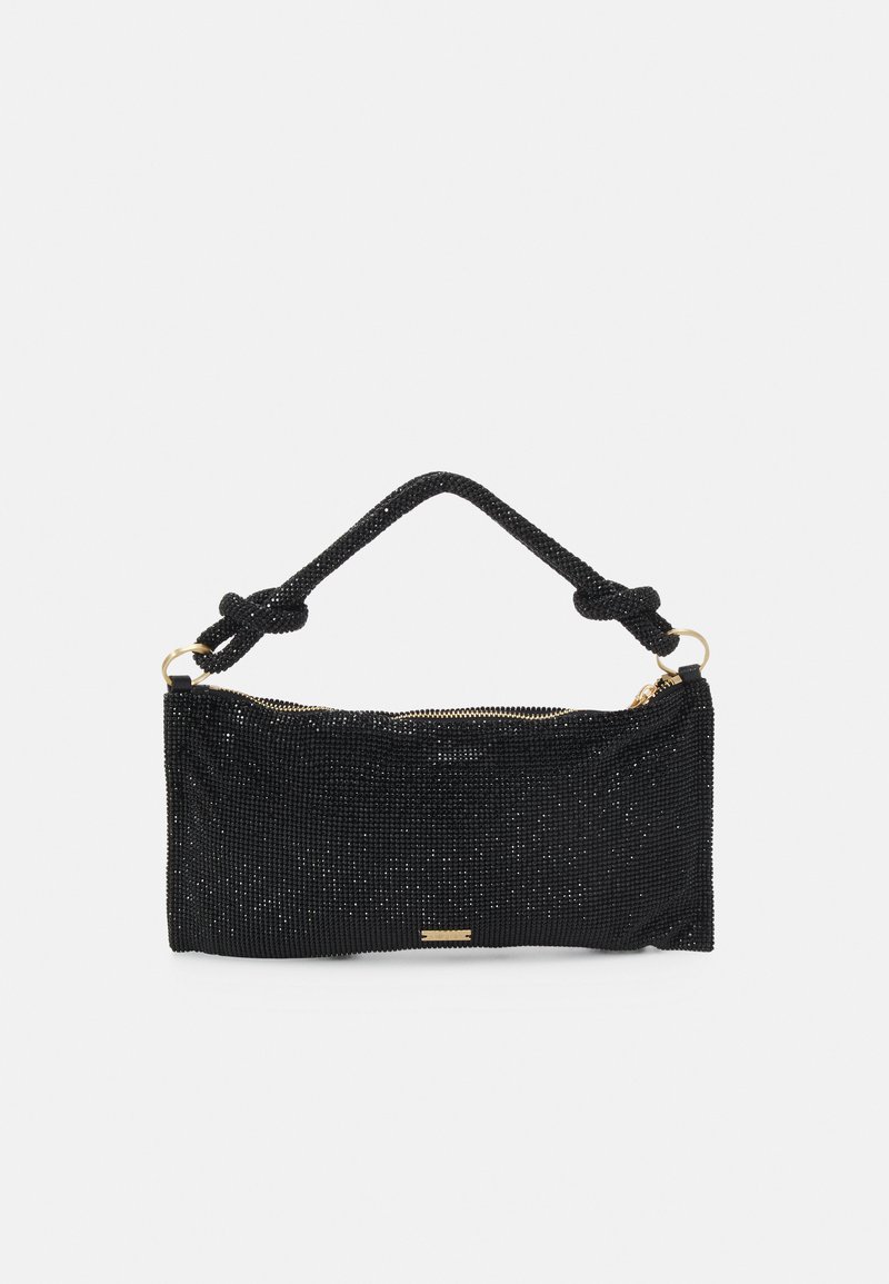 Schwarze Perlen-Clutch mit Reißverschluss, ausgestattet mit einem geknoteten Griff und goldfarbener Hardware. Glatte Textur mit einer strukturierten Form.