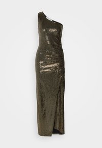 Robe métallique dorée à une épaule avec une silhouette ajustée, texturée de petites sequins, présentant une fente sur le côté et un design élégant.