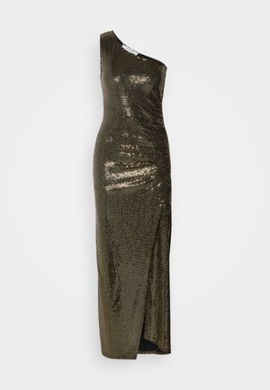 Rochie metalizată aurie cu un umăr, cu o siluetă ajustată, texturată cu mici paiete, având o tăietură laterală și un design elegant.