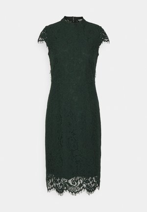 Green lace dress with a high neckline and short cap sleeves. Intricate floral pattern with a scalloped hemline. Textured fabric finish.
