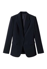 Blazer navy hecho de una tela suave, con cierre de un botón, solapas puntiagudas y dos bolsillos frontales con un corte entallado.