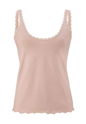 Helles rosa Tanktop mit gewellten Kanten am Halsausschnitt und an den Armausschnitten, aus weichem, glattem Stoff gefertigt, mit lockerem Schnitt.