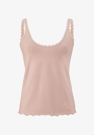 Light pink tank top with scalloped edges on the neckline and armholes, made of soft, smooth fabric, featuring a relaxed fit.