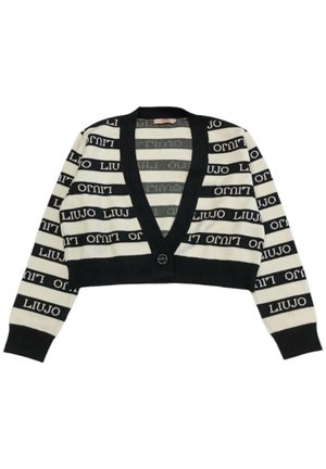 Czarnobiały, króciutki kardigan w paski z długimi rękawami, zapinany z przodu na guziki, z powtarzającym się wzorem logo "LIU JO" na tkaninie.