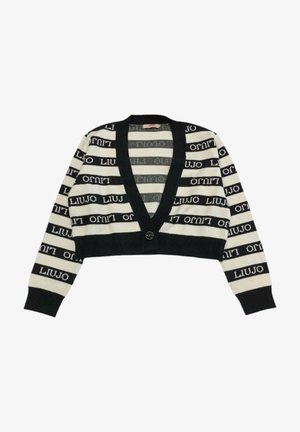 Czarnobiały, króciutki kardigan w paski z długimi rękawami, zapinany z przodu na guziki, z powtarzającym się wzorem logo "LIU JO" na tkaninie.