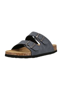 Grå mocka slidesandal med två justerbara metallspännen, en korkfotbädd och en texturerad svart gummisula. Öppen tå-design.