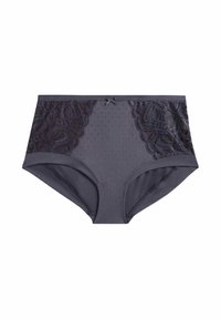 Højtaljet undertøj i mørkegrå med blondetrim på siderne, prikket mønster på stoffet og en lille sløjfedetalje foran i midten.