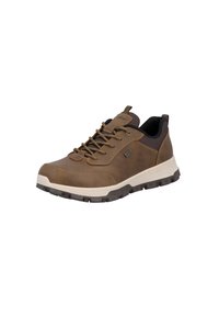 Brown leather sneaker with a sturdy design, textured upper, contrasting black accents, and a thick, rugged sole for traction.